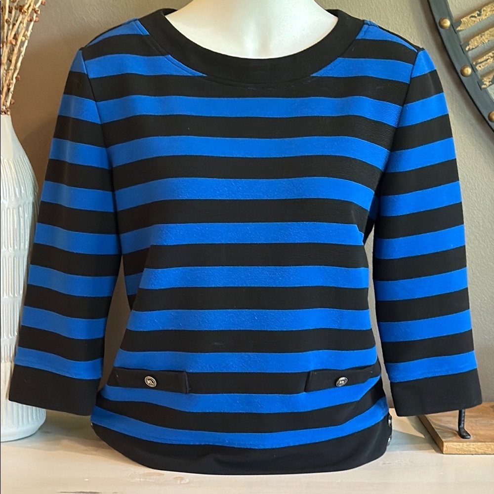 KARL LAGERFELD Vintage Blue & Black Stripe Knit Top Small Designer Grandmacore
